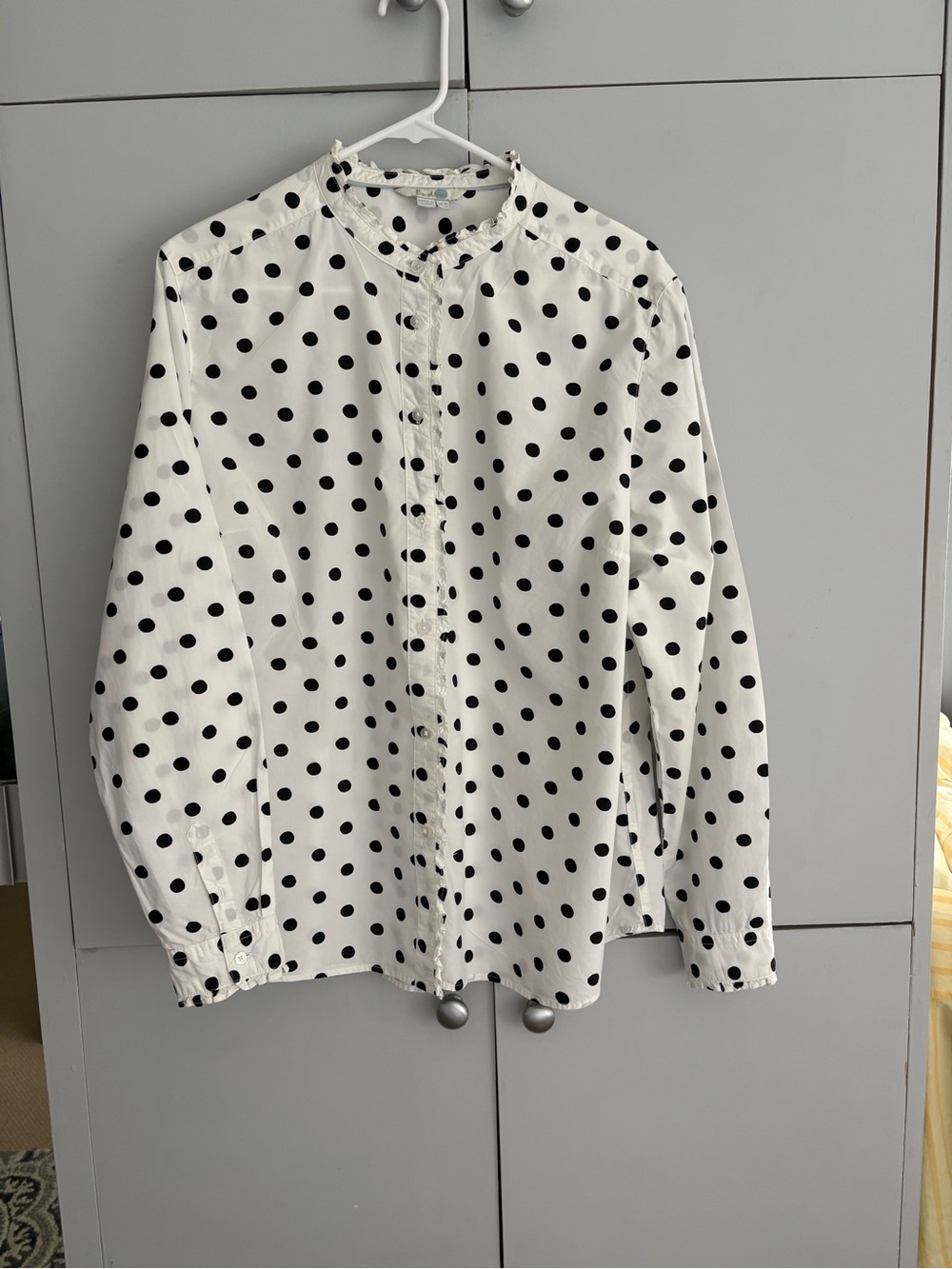 Boden Women’s White Shirt with Black Polka Dots, size 14.